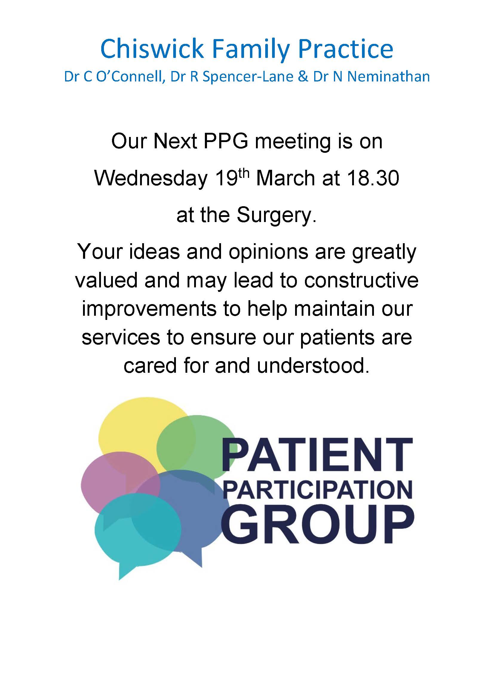 Information poster about our next PPG meeting held on 19th march 2025 at 6:30pm 